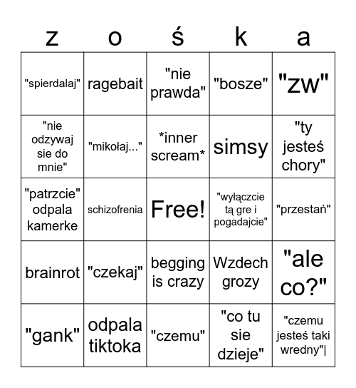 bingo z zośką Bingo Card