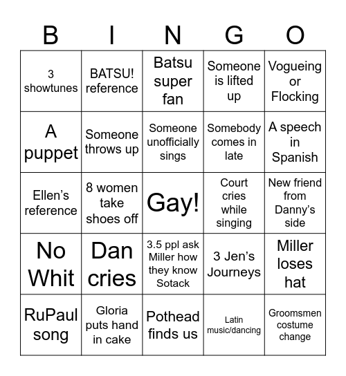 Sotack’s Wedding Bingo Card