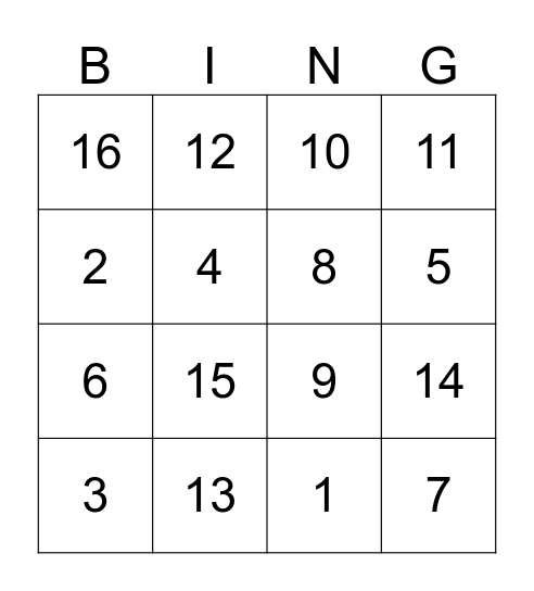 NUMBER BINGO Card