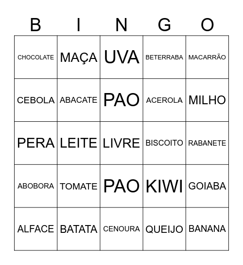 BINGO DOS ALIMENTOS Bingo Card