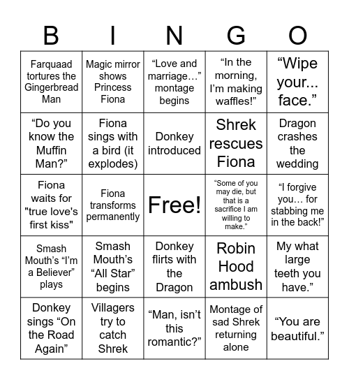 Shrek Movie Bingo Card