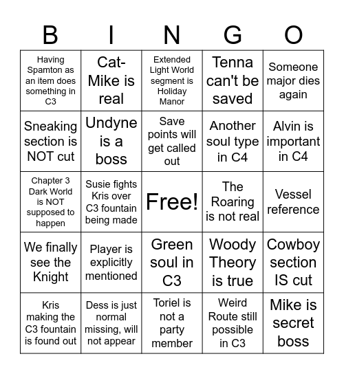 DELTARUNE Chapters 3+4 Bingo Card