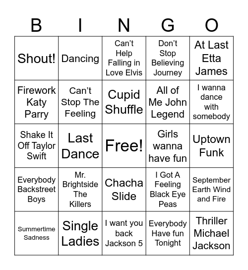 Common Wedding Songs Bingo Card