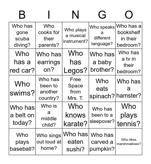 Our Fifth Grade Homeroom Bingo Card
