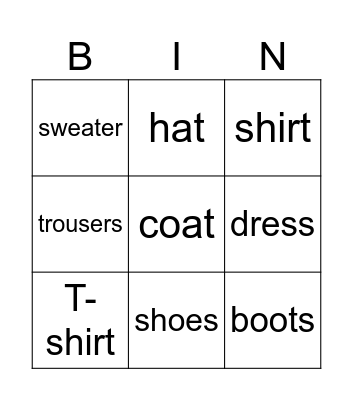 Clothes Bingo Card