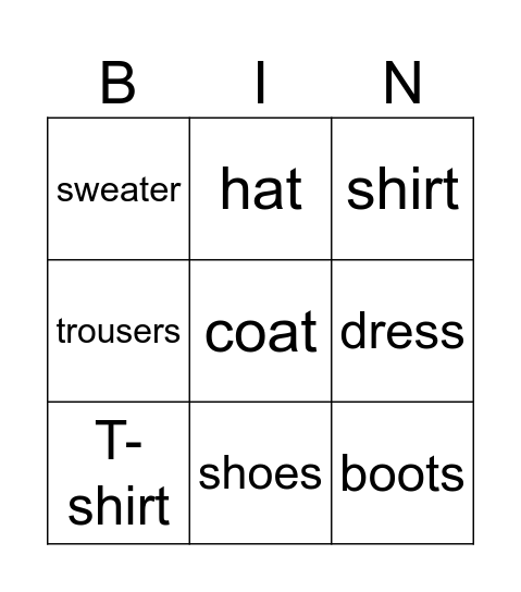 Clothes Bingo Card