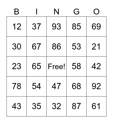 NUMBER BINGO Card