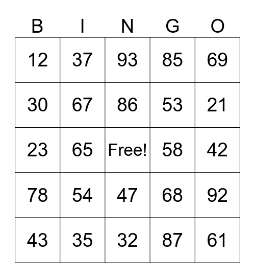 NUMBER BINGO Card
