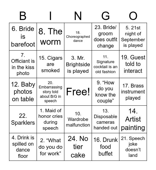 WEDDING BINGO Card
