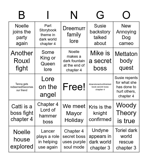 Deltarune Chapters 3 & 4 Predictions/Theorys Bingo Card