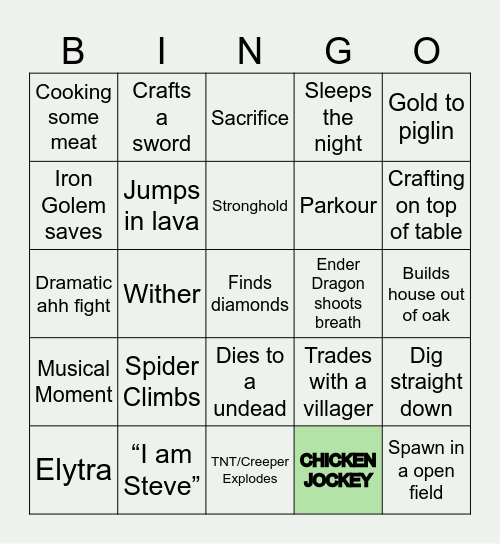 Minecraft live Bingo Card