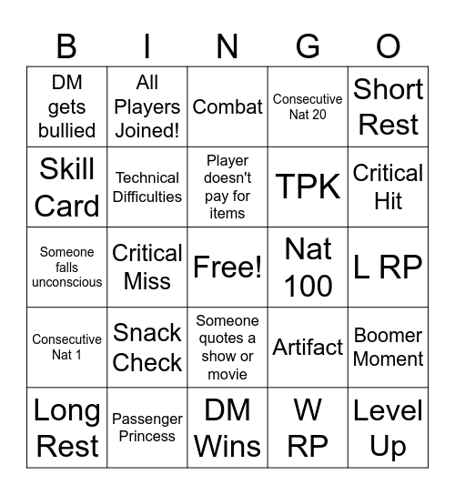 TFN Session #5 Bingo Card