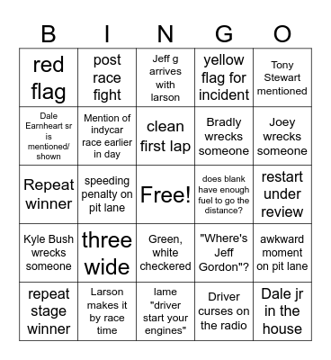Charlotte Nascar 2025 bingo Card