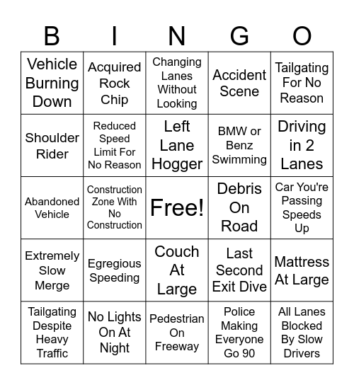 Calgary Roads Bingo Card