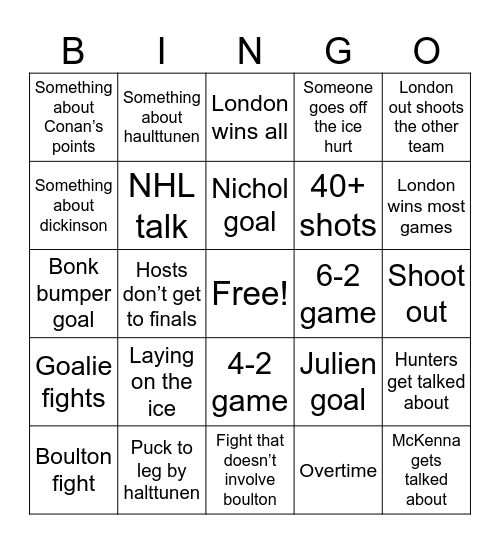 Knights at memorial cup Bingo Card