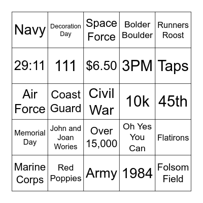 Bolder Boulder Bingo Card