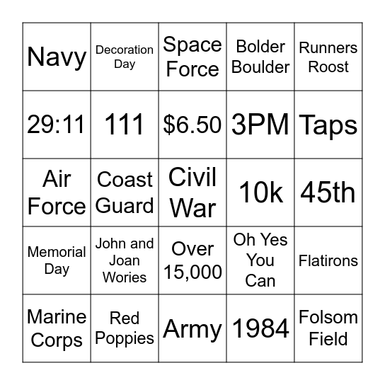 Bolder Boulder Bingo Card