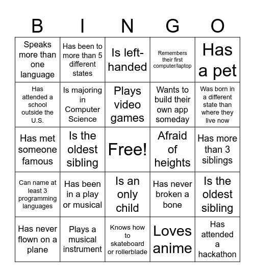 Speed Networking Bingo Card