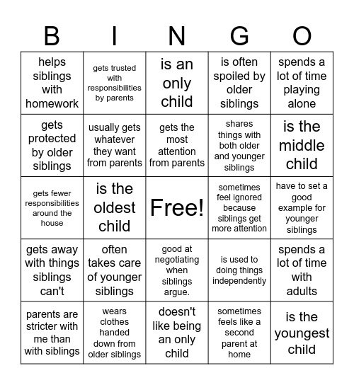 Siblings Bingo Card