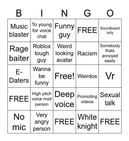 Roblox voice chat bingo Card