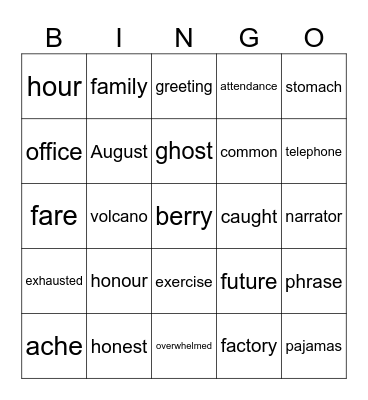Spelling words Bingo Card