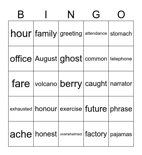Spelling words Bingo Card