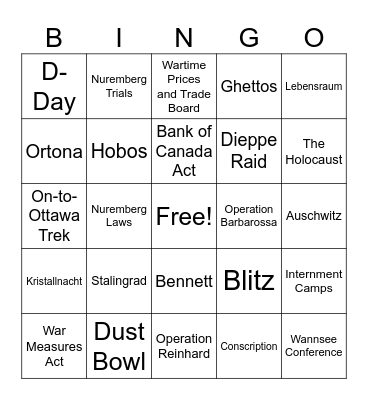 1930-1945 Bingo Card