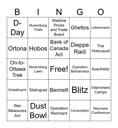1930-1945 Bingo Card