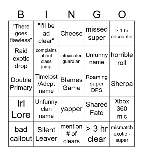 LFG Bingo Card