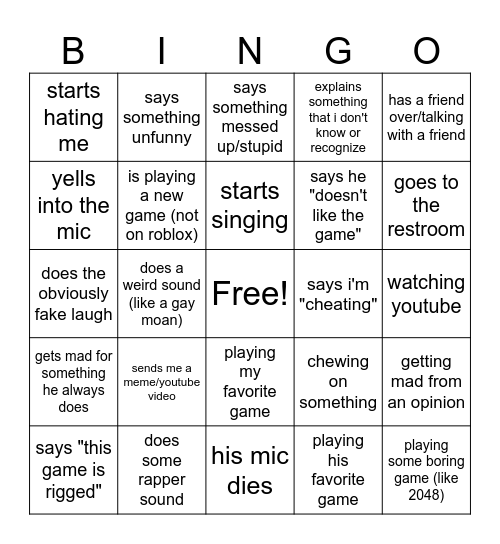 calling bro on discord bingo Card