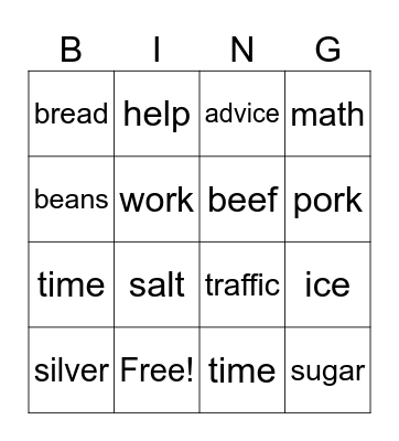NON COUNT NOUNS Bingo Card