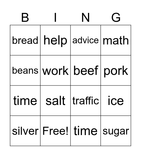 NON COUNT NOUNS Bingo Card