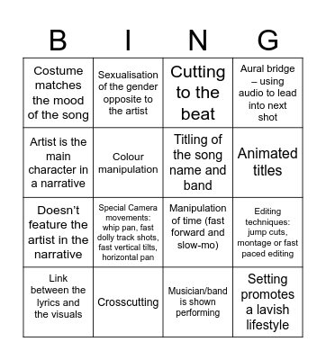 Music Video Codes and Conventions Bingo Card