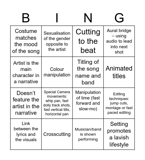 Music Video Codes and Conventions Bingo Card