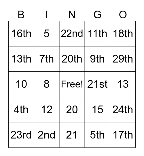 Numbers Bingo Card