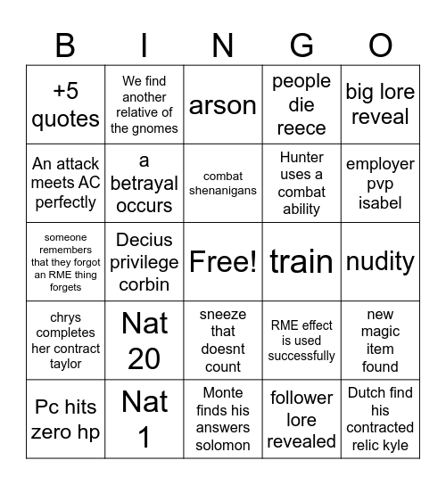 season finale Bingo Card