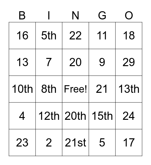 Numbers Bingo Card