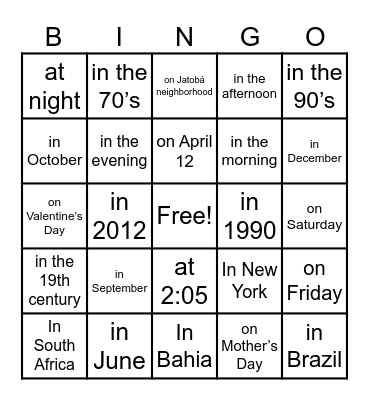 Prepositions IN/ ON/ AT Bingo Card