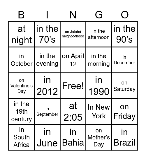 Prepositions IN/ ON/ AT Bingo Card