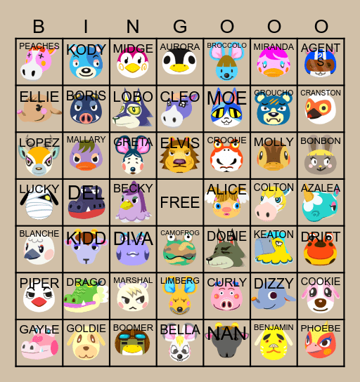 ACNH Villager Hunt Bingo Card