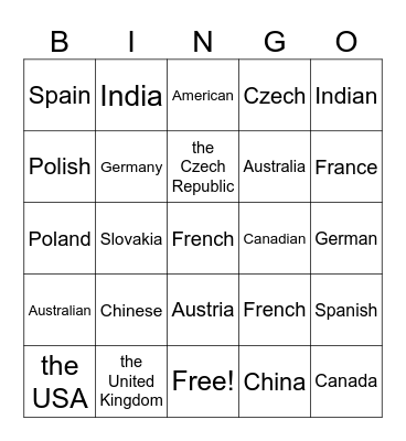 Countries and nationalities Bingo Card