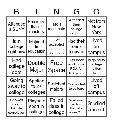 College Bingo Card