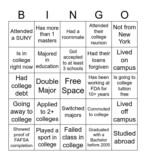 College Bingo Card