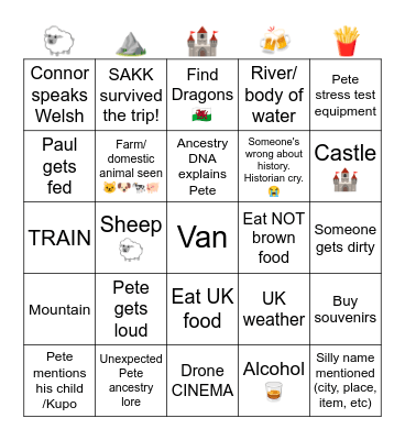 Wales Tales Bingo Card