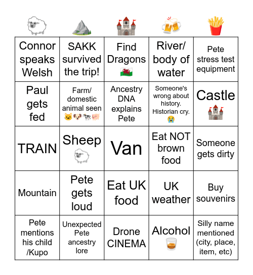 Wales Tales Bingo Card