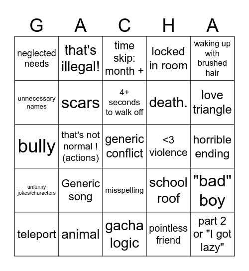 gacha life Bingo Card