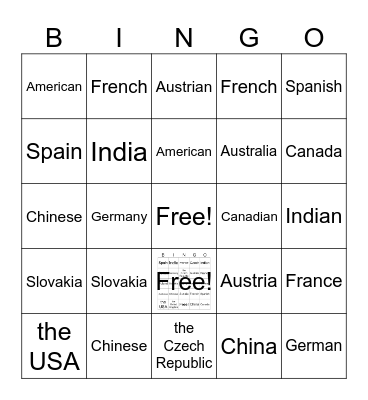 Countries and nationalities Bingo Card