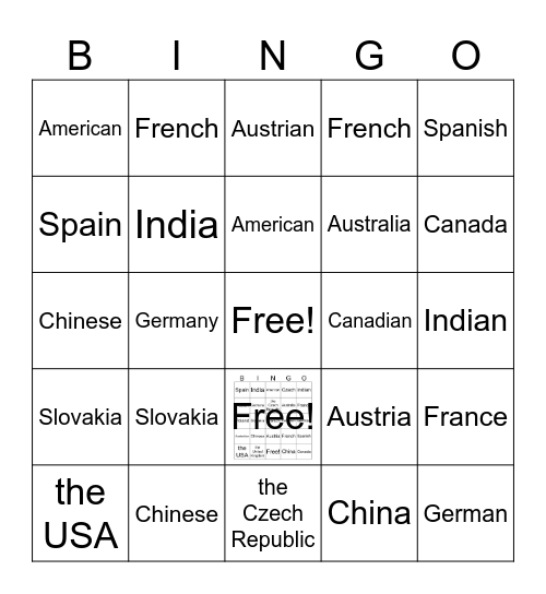Countries and nationalities Bingo Card