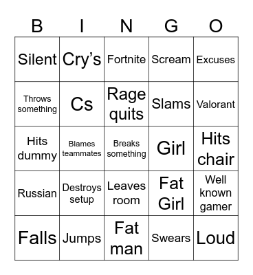 Gamer rage Bingo Card