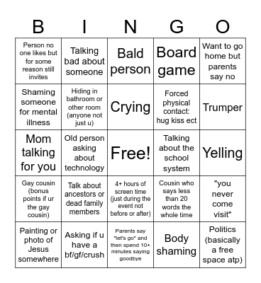American family reunion/party Bingo Card